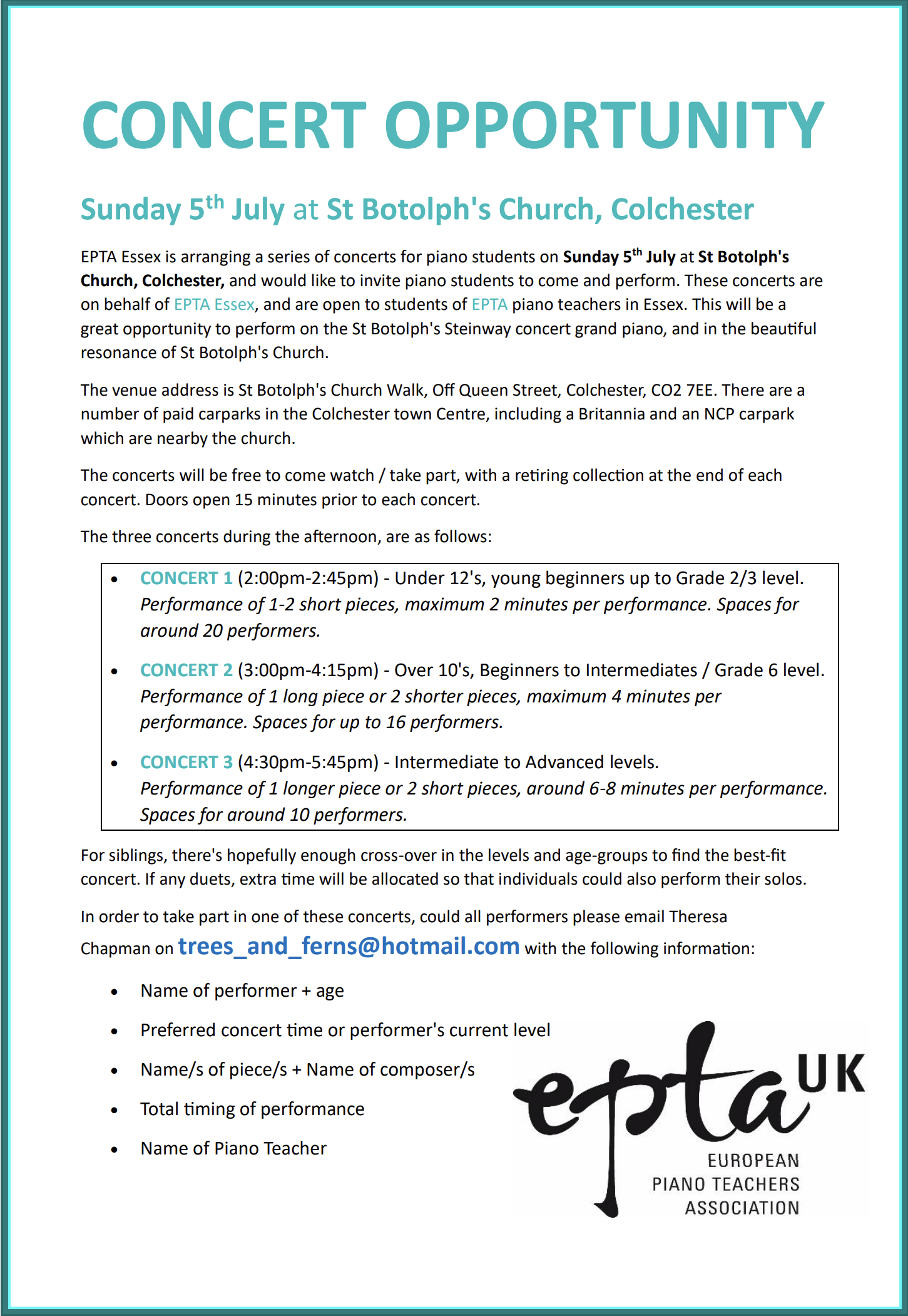 EPTA Essex - Concert Opportunity